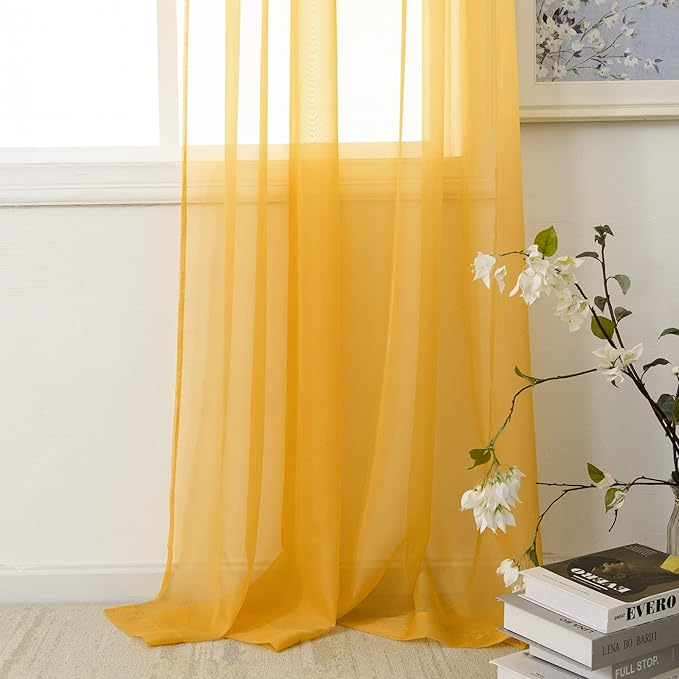 HUTO Gold Yellow Sheer Window Curtains 108 Inches Long for Bedroom Girls Rod Pocket Window Sheer Panels Drapes 2 Panels Curtains for Living Room Canopy Bed Nursery