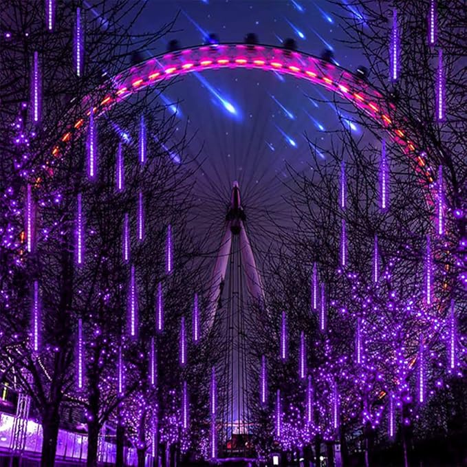 Aukora Purple Outdoor Halloween Lights, UL Plug, 11.8 inch, 8 Tubes, 192 LEDs, Meteor Shower & RainDrop Light, Series-connectable Christmas String Light Outside for Xmas, Tree, Thanksgiving Decoration