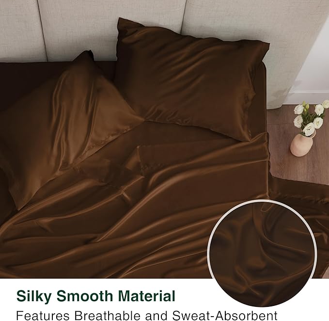 Love's cabin Twin XL Satin Sheet Sets - 3 Piece Brown Silky Bed Sheets with Deep Pockets, Luxury Silk Feel Satin Sheet Set Twin XL (1 Flat Sheet,1 Fitted Sheet,1 Pillow case)