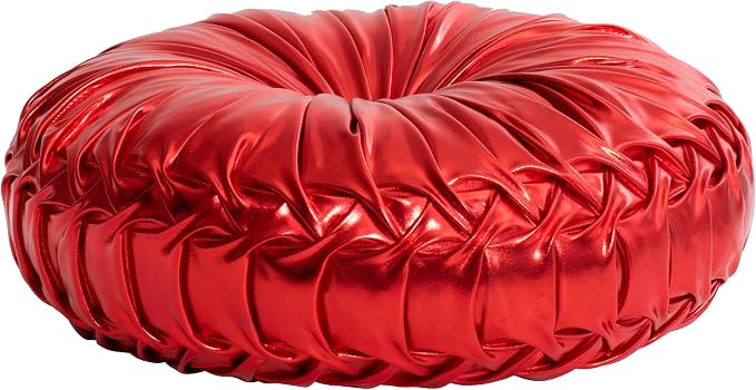 HIG Set of 2 Red Metallic Leather Decorative Round Pleated Throw Pillows | - Image 6