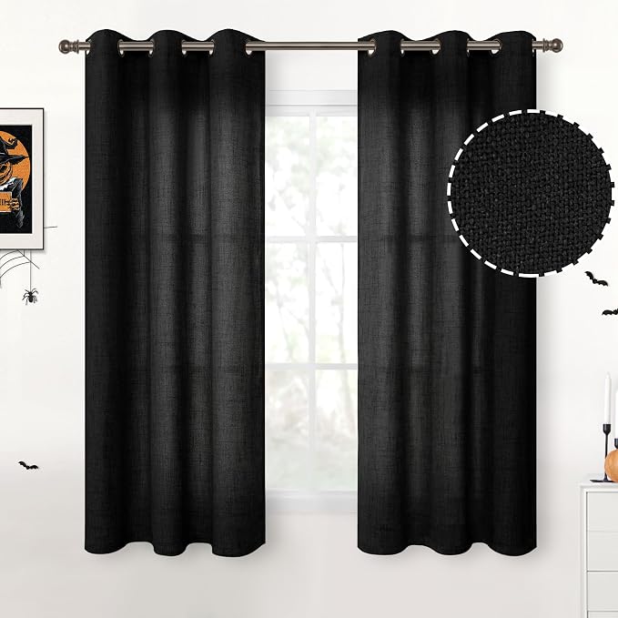 YoungsTex Short Black Linen Semi Sheer Curtains 45 Inch Length 2 Panels | Light by YoungsTex