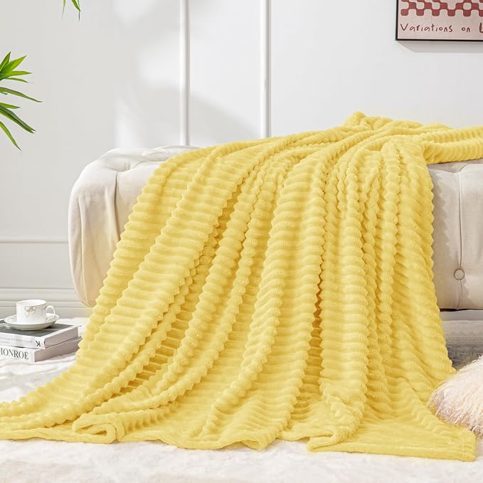BEDELITE 3D Ribbed Light Yellow Fleece Twin Blanket - Image 2