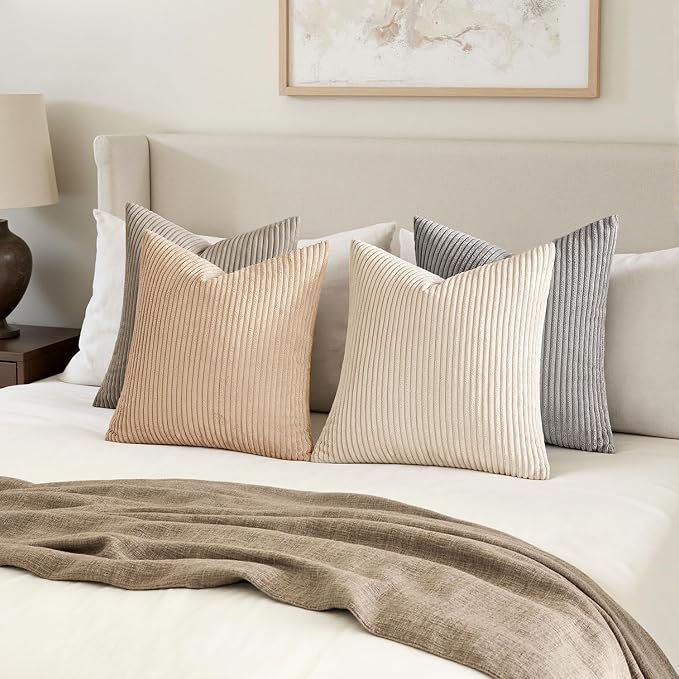 MIULEE Soft Corduroy Decorative Throw Pillow Covers Neutral Cream 18x18 | Set - Image 4