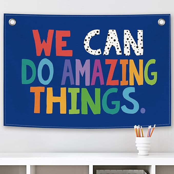 We Can Do Amazing Things Kids Banner Canvas, Classroom Blue Toddler Room Decor, Inspirational Hanging Flag Sign, Nursery Wall Tapestry Art for Playroom School Counseling Office Boy 20x30in