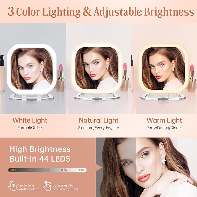 FASCINATE 10X Magnification Compact Travel Makeup Mirror with Lights and Magnification, 3.5 inch Portable 1X/10X Magnifying Mirror with 3 Color Light, Folding, Handheld (White)