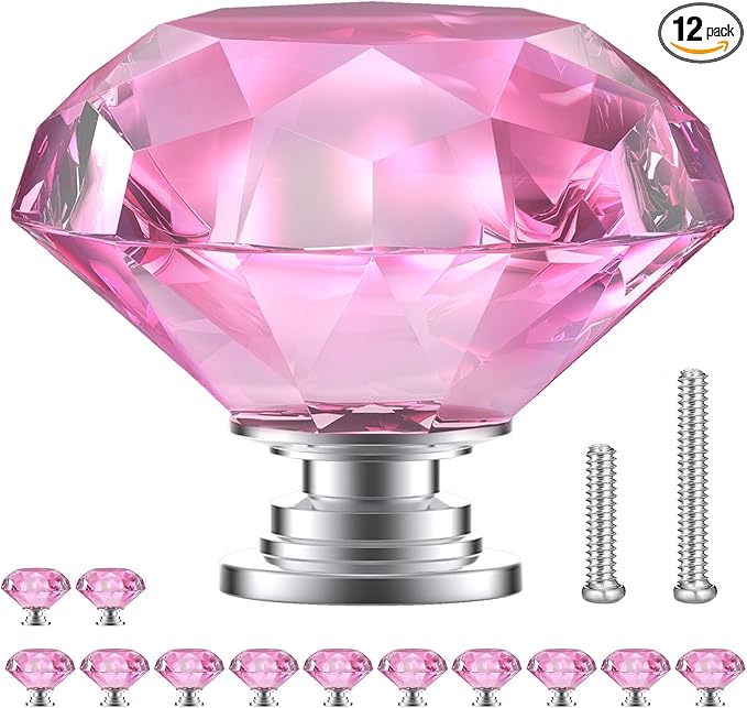 POZEAN Crystal Cabinet Knobs 12Pack, 1.57inch Dresser Knobs for Cabinet, Drawer with Two Different Sizes Screws, Diamond Glass Pulls Handles (40mm, 12Pack, Pink-Silver)