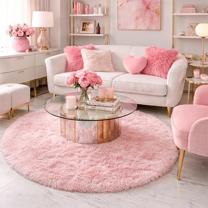 Amdrebio Pink Large Shag Round Kids Rug 7Ft - Image 4