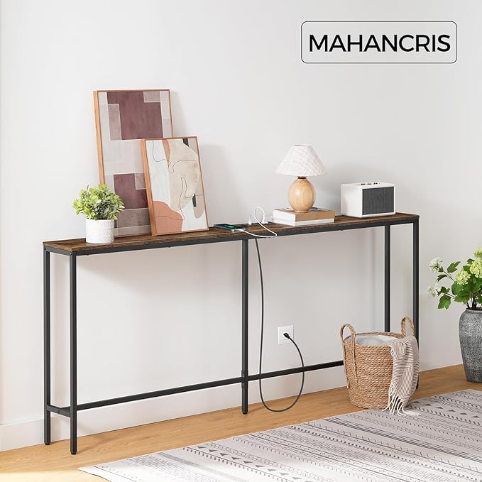 78.7" Console Table with Power Outlet, Narrow Sofa Table Behind Couch, Skinny Entryway Table with with Charging Station, for Hallway, Foyer, Living Room, Rustic Brown CTHR20E01