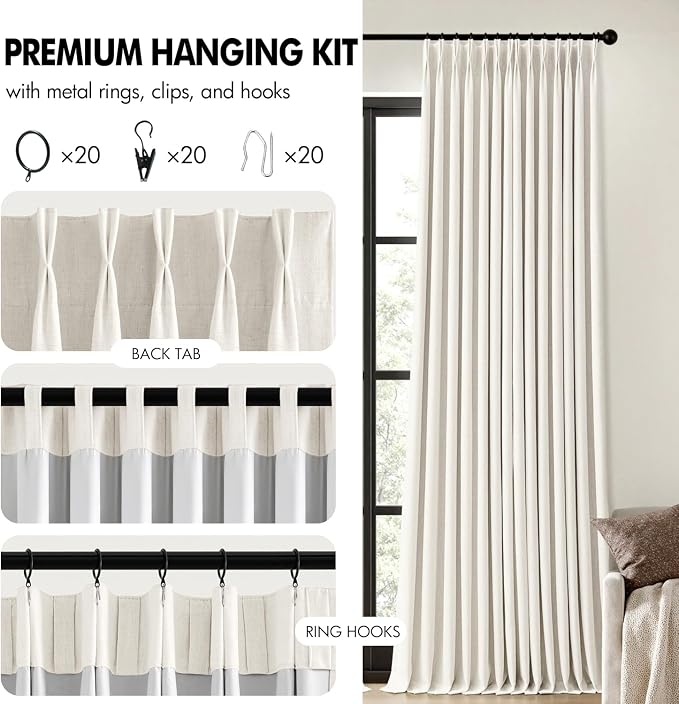 MIULEE Beige White Pinch Pleated 100% Blackout Linen Curtains 40x96 Inches | - Image 8