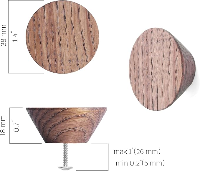 12 Pack Wood Cone Cabinet Knobs (Brown) - 1 ½ " Diameter Round Shape - Wooden Drawer Pulls for Cabinets Doors, Dresser and Drawers Knob, Kitchen Cabinet Door Handle