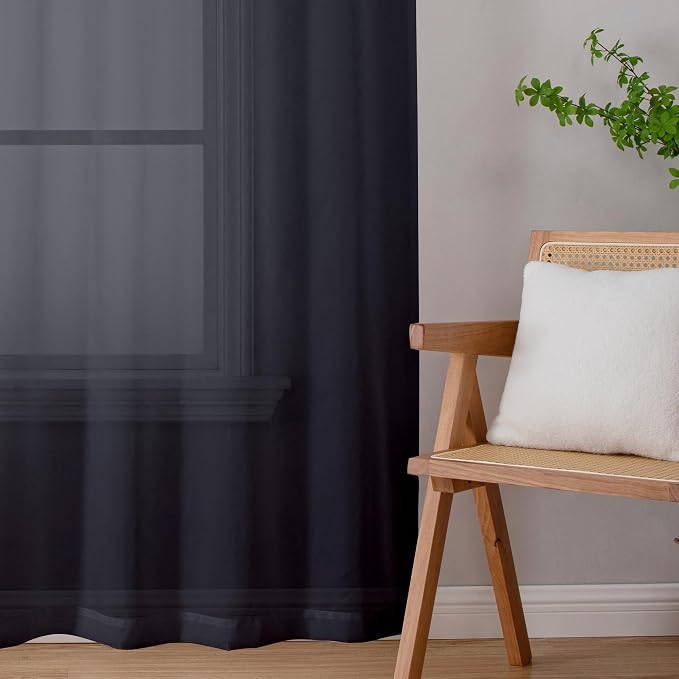 Black Sheer Curtains 90 Inches Long 2 Panels Set, Privacy Voile Light Filtering - Image 8