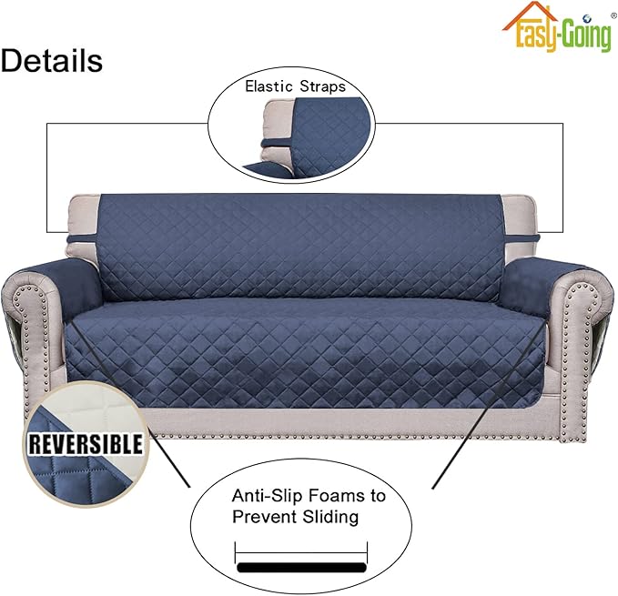 Easy-Going Reversible Couch Cover, 3 Cushion Sofa, Dark Blue/Ivory | Machine - Image 4
