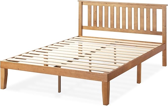 Mellow Marley 14 Inch Solid Wood Platform Bed with Paneled Headboard, Natural Pine, Queen