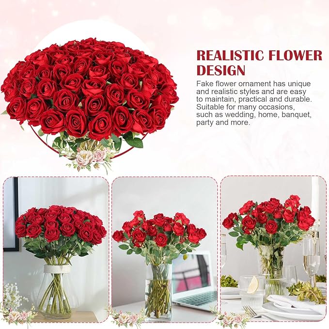 60 Pcs Artificial Roses Bulk Velvet Silk Red Rose Burgundy Roses for Wedding Centerpieces Bridal Bouquet Mohter's Day Valentine's Day Christmas Home Decor (60, Burgundy)