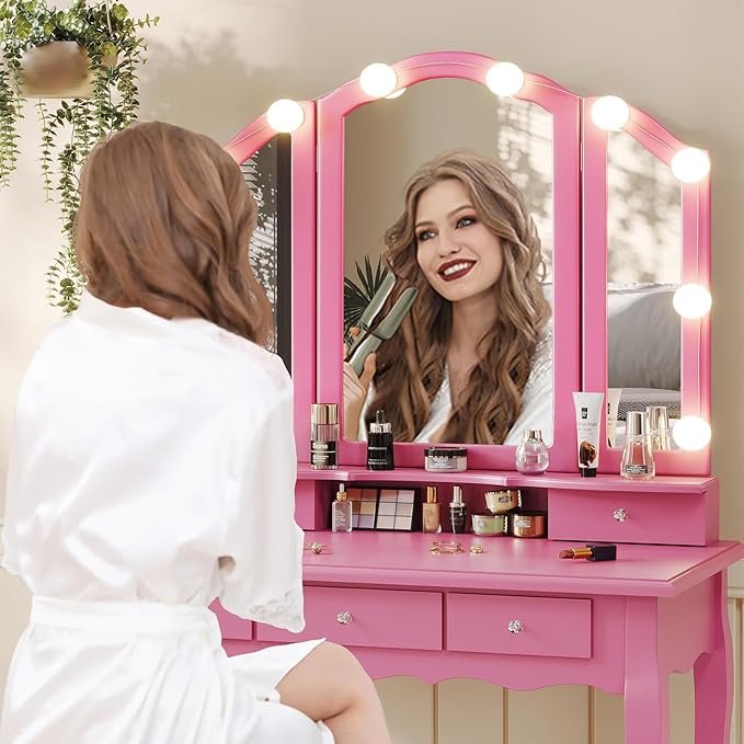 Tiptiper Vanity Desk with Tri-Fold Mirror and Lights, Makeup Vanity with Wood Upholstered Stool, Makeup Desk with 5 Drawers & 8 Jewelry Hooks, Small Vanity, Pink
