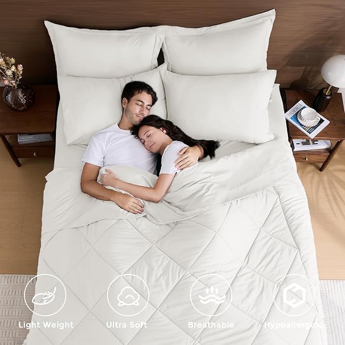 HEVUMYI Ivory Cali-King Comforter Set - 7-Piece All Season Bed in a Bag Cali-King, Ultra Soft Bedding Set with Comforter, Flat Sheet, Fitted Sheet, Pillowcases, Pillow Shams