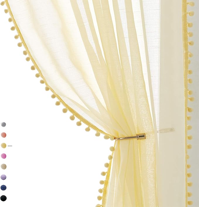 Treatmentex Yellow Sheer Curtains for Living Room 95" Linen Texture Pom Pom Trimmed Voile Drapes for Children's Room 2 Panels