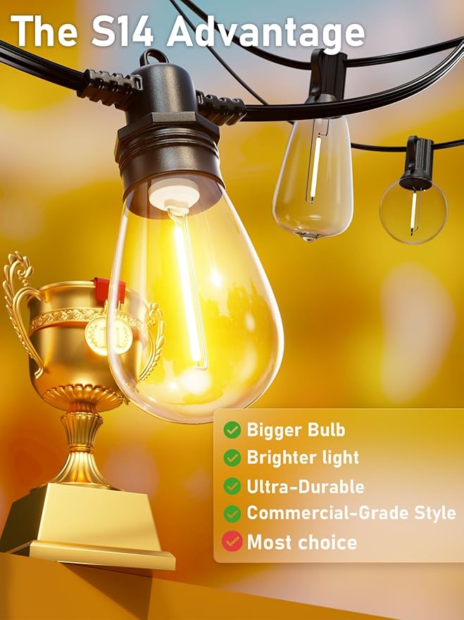 60FT LED Outdoor String Lights with 16+1 Edison Shatterproof IP65 Waterproof Bulbs, 2700K Dimmable Commercial Grade Patio Lights for Garden, Porch, Deck Decor