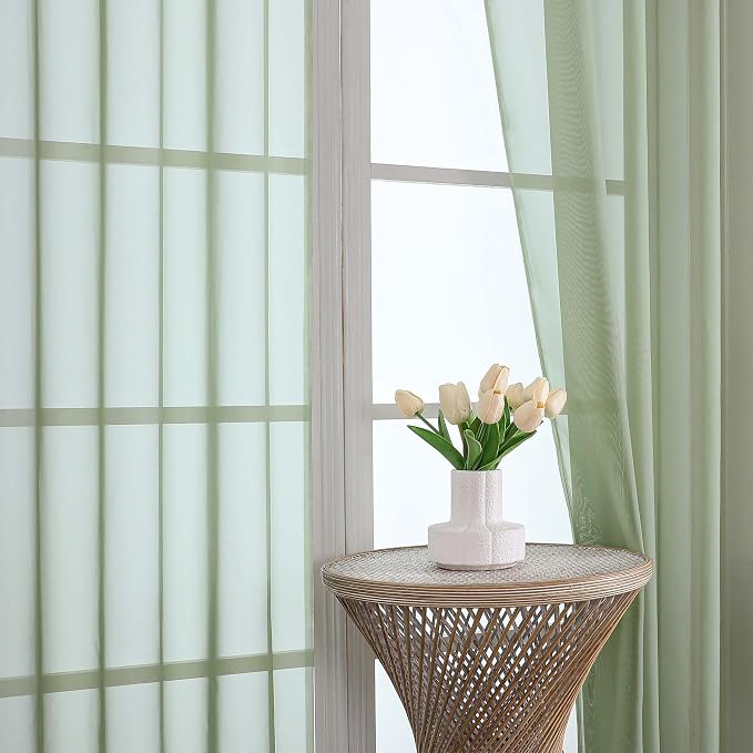 Sage Green Sheer Curtains, Sheer Curtains 96 inches Long 2 Panels Set, Rod - Image 2