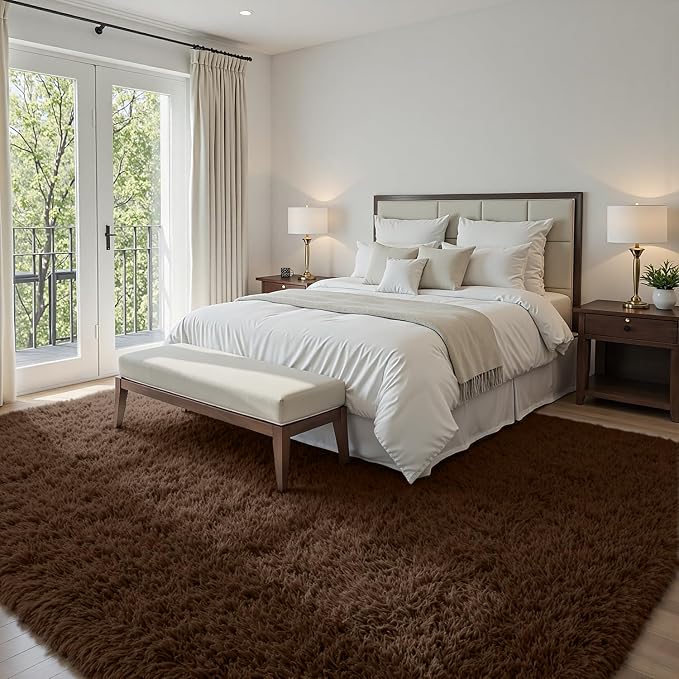 5x7 Fluffy Shag Area Rugs for Living Room Bedroom: Soft Plush Carpet Brown | - Image 2