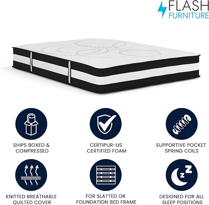 Flash Furniture Capri Comfortable Sleep 12" Hybrid Pocket Spring and Foam Mattress, Foam Pocket Spring Hybrid Mattress for Pressure Relief, Queen