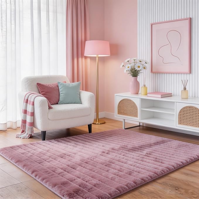 Dusty Rose Rabbit Striped Plush Rug 5'x8', Fluffy Shaggy Area Rug by CHOVY