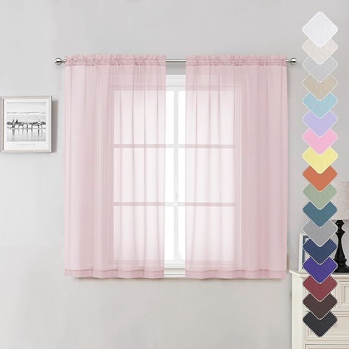 Blush Sheer Curtains 54 Inches Long 2 Panels Set, Airy & Breathable Dual Rod by Lecloud