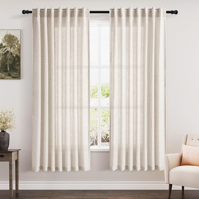 Beige Semi Sheer Linen Curtains 72 inch Length by Nanspring