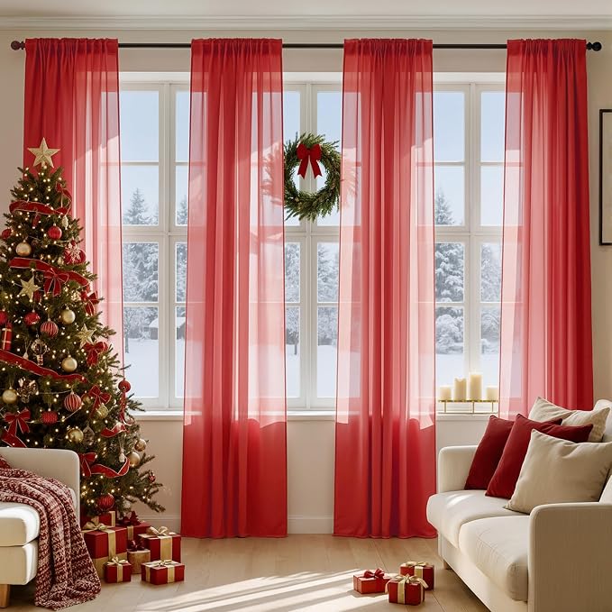 MIULEE Red Christmas Sheer Curtains 84 Inches Long 4 Panels 42 x 84 Inches | by MIULEE