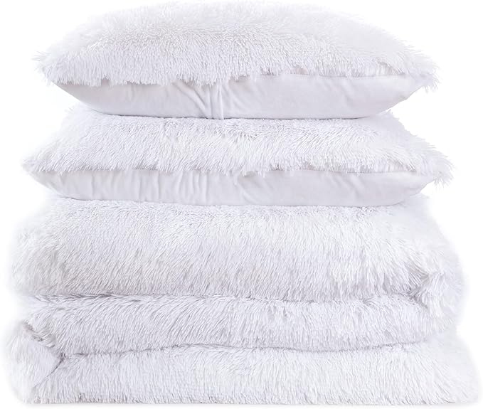 King Luxury Faux Fur Comforter Set - Soft & Breathable 7-Piece Bedding Collection - 1 Comforter, 1 Fitted Sheet, 1 Flat, 2 Pillowcases, 2 Pillow Shams - Deep Pocket - Premium Quality, White