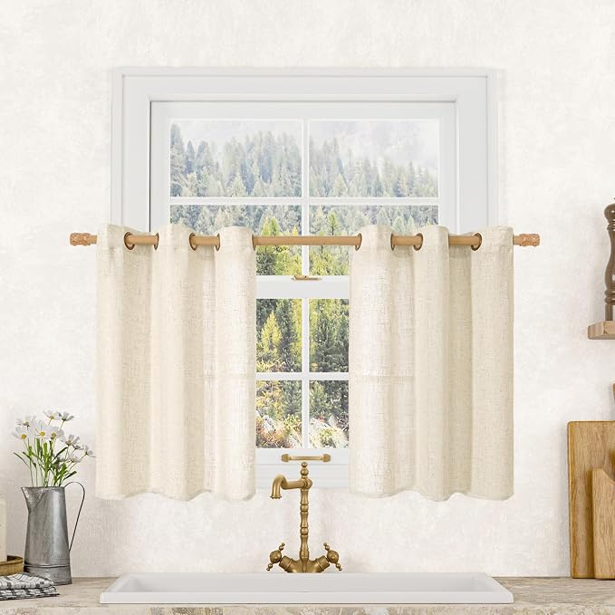 Short Linen Window Curtains 30 Inches Long 2 Panels, 34 x 30 Inch | Beige by LAMIT