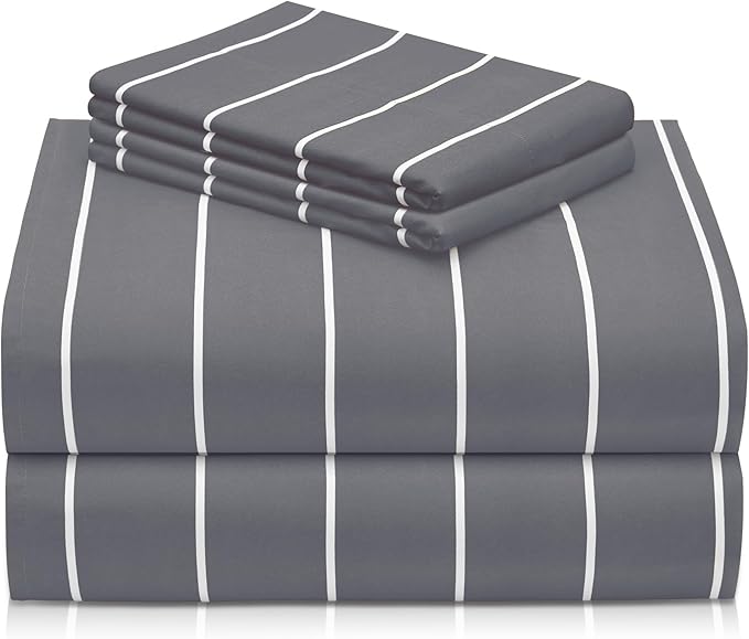 LuxClub 4 PC Cal King Size Sheet Set Bed Sheets, Breathable Luxury Deep Pockets Wrinkle Free Cooling Sheets Machine Washable Hotel Bedding (Cal King, Striped Light Grey)