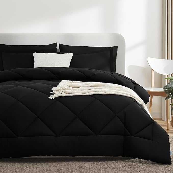 CozyLux California King Comforter Set Black - Cal King Bed in a Bag 7 Pieces, Luxury Soft Bed Set for All Seasons, Bedding Set with Down Alternative Comforter, Sheets, Pillowcases & Shams