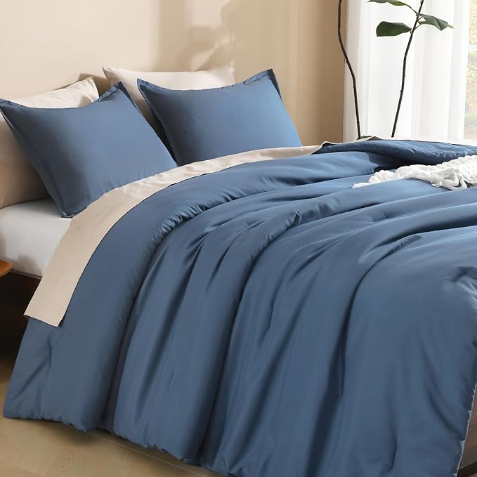 Litanika Haze Blue Comforter King Size, 3 Pieces Lightweight Solid Bedding Comforter Set, All Season Fluffy Bed Set (104x90In Comforter & 2 Pillowcases)