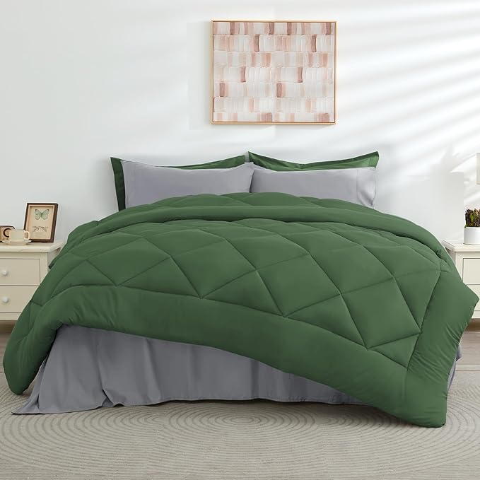 HEVUMYI Twin-XL Comforter Set - 5-Piece All Season Bed in a Bag Twin-XL, Ultra Soft Bedding Set with Comforter, Flat Sheet, Fitted Sheet, Pillowcases, Pillow Shams, Green & Light Grey