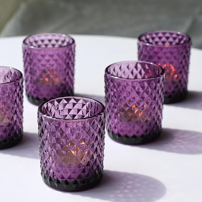Woho 12pcs Purple Votive Candle Holders, Glass Tealight Candle Holder for Vintage Halloween Party Decor, Tea Lights Candle Holder for Wedding Engagement Table Centerpiece