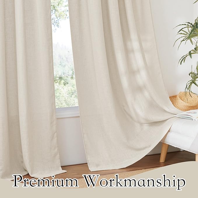 RYB HOME Linen Sheer Curtains - Semi Sheer Light Filtering Privacy Curtains, Country Rustic Window Draperies for Living Room Closet Nursery Doorway, W 52 x L 72, 2 Panels, Beige