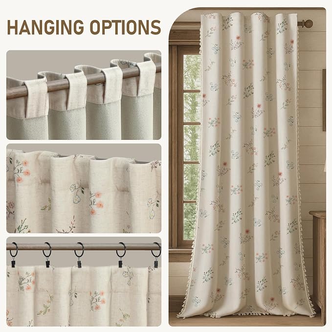 Boho Floral 100% Blackout Curtains 84 Inch 2 Panels Linen Texture | Farmhouse - Image 9