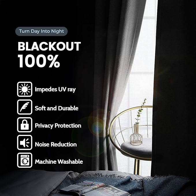 SimpleHome Grey 100% Blackout Curtains Room Darkening Living Room 96 Inch | - Image 3