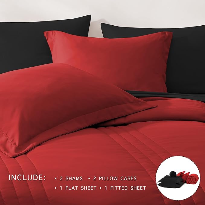 Monbix Queen Comforter Set - 7 Pieces Bright Red Bed in a Bag Queen Bedding Sets with Comforters, All Seasons Down Alternative Comforter Bed Set with Sheets, Pillowcases & Shams