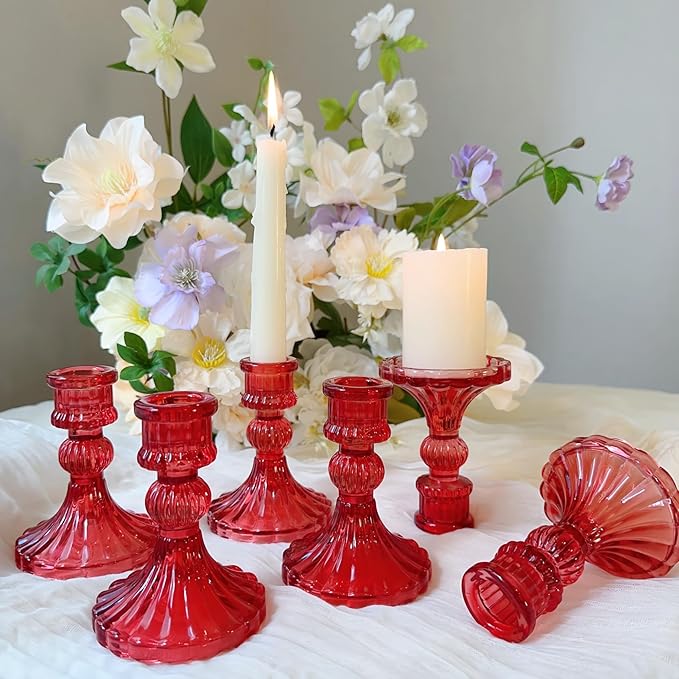 Glass Candlestick Holder,Striped Taper Candle Holders,Set of 6 Candle Stand for Table Centerpieces, Home Decor,Weddings,Festival and Parties (Red Stripe Pattern)