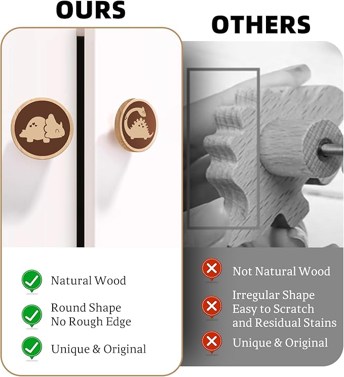 6 Pack Dinosaur Dresser Knobs 40MM/1.57" Wooden Animal Cabinet Knobs for Nursery Room Kids Drawer Pull Handles with Screws