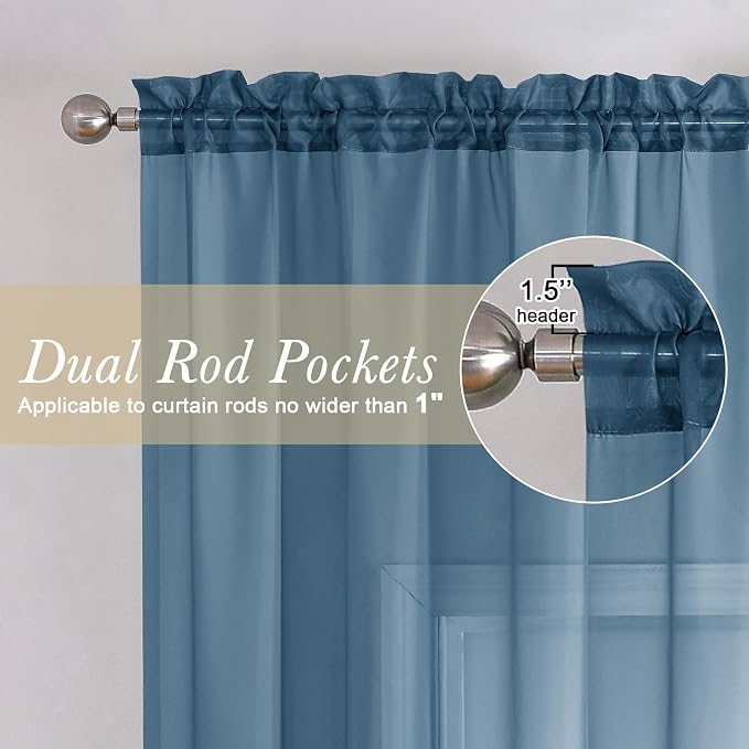 Dusty Blue Sheer Curtains 90 Inches Long 2 Panels, Light Filtering Breathable - Image 5