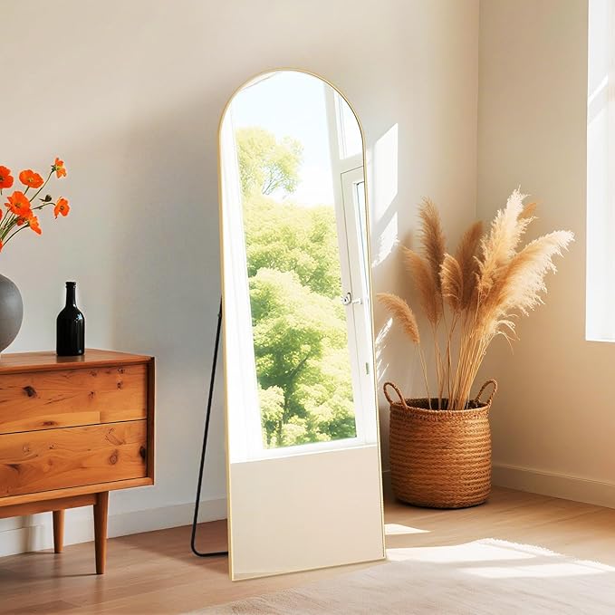 DUMOS Arched Wall-Mounted Full Length Mirror 60"x16" for Bedroom, Full Body Floor Mirror with Stand, Hanging or Leaning for Wall, Gold