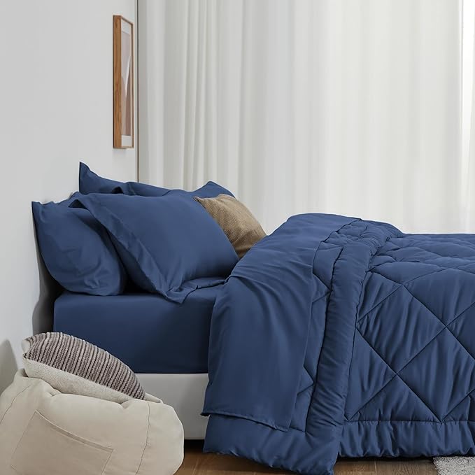Love's cabin Queen Comforter Set Dark Blue, 7 Pieces Queen Bed in a Bag, All Season Bedding Sets with 1 Comforter, 1 Flat Sheet, 1 Fitted Sheet, 2 Pillowcase and 2 Pillow Sham