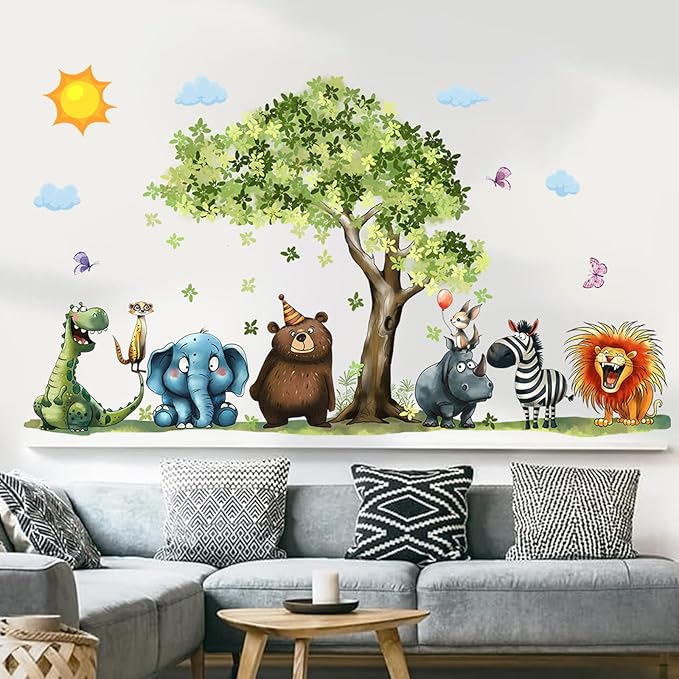 Jungle Animal Wall Stickers Forest Safari Wall Decals Kid Room Nursery Baby Bedroom Décor (Tree Cartoon Animals)