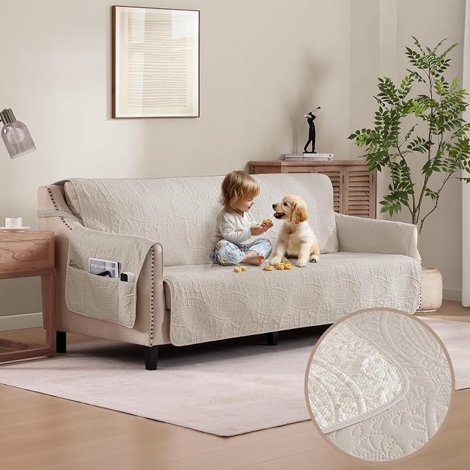 Quilted Beige Grand Sofa Couch Covers, Soft Cozy Couch Protector by Pamhaven