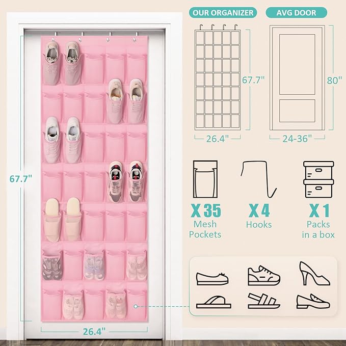 Tiblue Over The Door Shoe Organizers Pink with 35 Mesh Pockets Baby Organizer Storage Hanging Shoe Organizer Shoe Holder Rack For Toddler Girl Room Baby Room Craft Room Bedroom Pantry Bathroom Closet