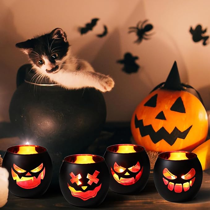 Black Halloween Table Centerpieces Candle Holders 6PCS, Jack O Lantern Tealight Votive Candle Holders, Indoor Halloween Decorations for Mantel Coffe Table Decor