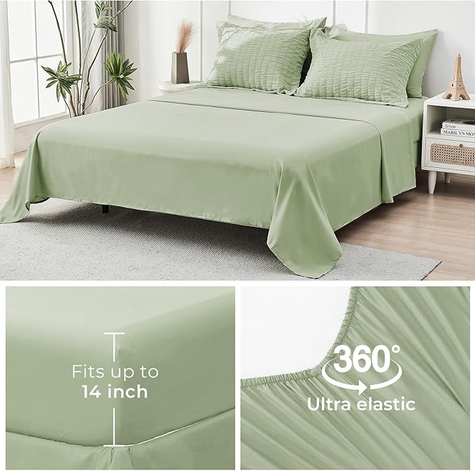 HYMOKEGE Light Green California King Comforter Set Seersucker 7 Pieces, All Season Luxury Bed in a Bag for Bedroom, Bedding Set with Comforters, Sheets, Pillowcases & Shams